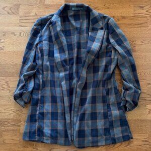 Potter's Pot Navy Blue Orange Open Blazer jacket Women S Flannel Plaid Gray Coat